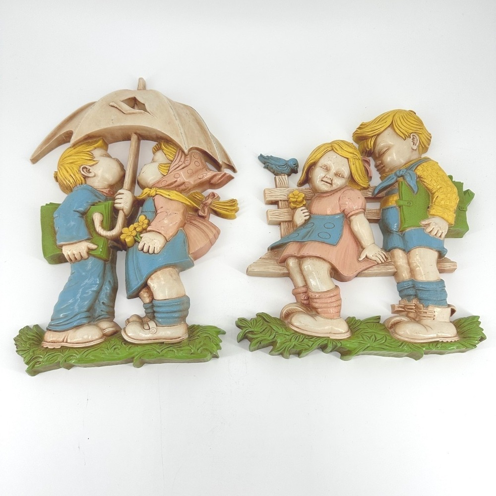 Vtg 1977 Dart Homco Plaques Children Boy‎ Girl Umbrella Bench Wall Hanging